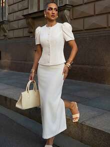 Lumalex Women's Elegant High Neck Gigot Sleeve Slim Fit Ivory Short Sleeve Blazer, Waist-Cinching Elegant Women's Blouse, Outing Top, Women's Outing Top, Women's Office Blouse, Women's Office Blouse, Formal Business Blouse, Luxurious New Year New Look, Low-Key Luxury, Ball Party Gathering Banquet, Low-Key Luxury, Sparkling Holiday Party Celebration - Apricot - View 11