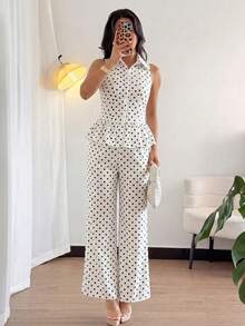 Rafferiza Conjunto de 2 piezas de top sin mangas con estampado azul y blanco + pantalones rectos de pierna ancha para mujer - Blanco - Ver 3