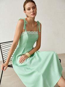 MOTF PREMIUM VESTIDO DE MUJER ELEGANTE PARA DESPLAZAMIENTO CON TIRANTES DE ENCAJE DE COLOR CONTRASTANTE EN LINO - Verde - Ver 3