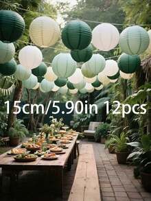 12 个优雅的鼠尾草绿纸灯笼，直径 15 厘米 - 波西米亚丛林主题派对装饰，适用于婚礼、新娘送礼会、生日、周年纪念、毕业典礼 - 无框、酒店装饰、派对装饰，无需用电，无羽毛，纸灯笼装饰。 - 鼠尾草綠 - 查看 7