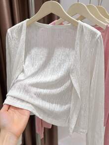 SHEIN Clasi 女款純色休閒極簡風百搭薄款開襟衫，簡約端莊多功能日常通勤旅行辦公度假白色秋季 - 白色 - 查看 2