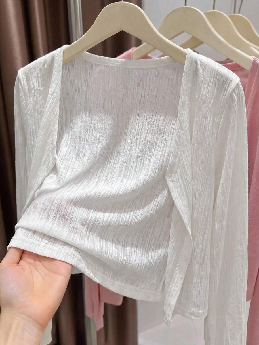 SHEIN Clasi 女款純色休閒極簡風百搭薄款開襟衫，簡約端莊多功能日常通勤旅行辦公度假白色秋季