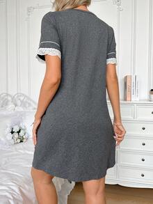 Moonlight&Mama Maternity Nightgown - Short Sleeve Dress (Lace Cuffs) - Grey - View 2