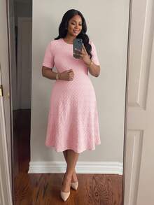 SHEIN Lady Plus Size Women's Textured Fashion Elegant Round Neck Short Sleeve Dress Evening Pink Summer - Pink - View 4