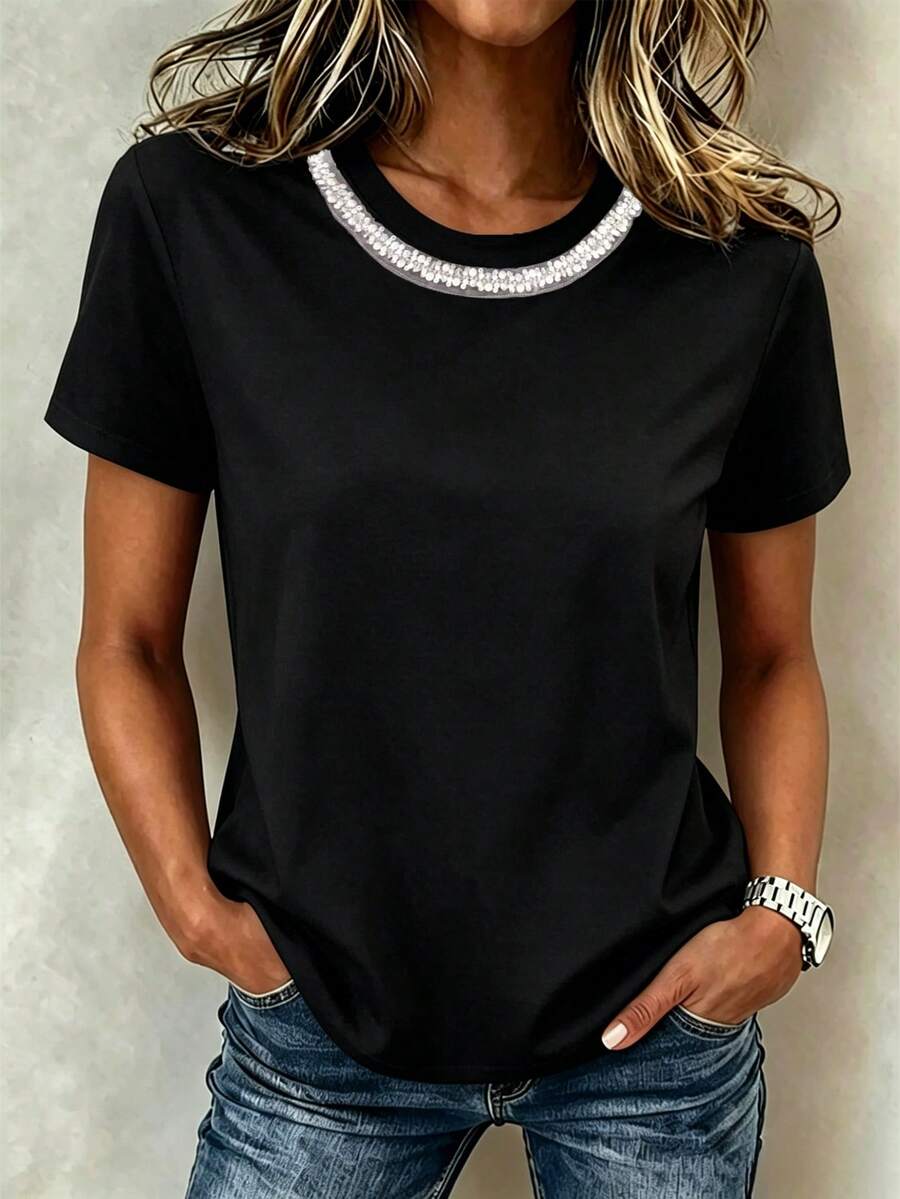 EMERY ROSE Women's Round Neck Embellished Chain Design Short Sleeve Casual T-Shirt, Summer Black Rhinestone Top - Black - View 1
