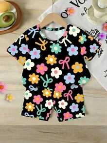 SHEIN 青少年女孩花卉印花短袖T恤與短褲休閒套裝 - 彩色 - 查看 4