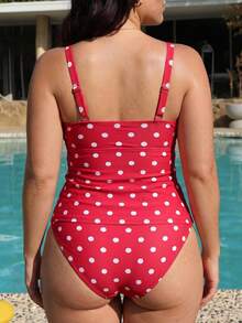 Swim Vcay Plus Size Women 2pcs Random Polka Dot Print Casual Tank Style Swimsuit - Red - View 2