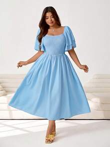 Solflare Plus Size Women's Elegant Vacation Style Solid Color Square Neck Layered Flutter Sleeve Shirred Bodice Flare Hem Dress - Baby Blue - View 6