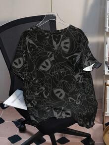LOONEY TUNES X SHEIN تي شيرت بطبعة كاملة بياقة مستديرة وأكمام قصيرة مقاس كبير بتصميم بسيط - أبيض - مشاهدة 2