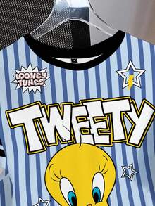 LOONEY TUNES X SHEIN 女士条纹卡通印花圆领休闲短袖T恤 - 白色 - 查看 4
