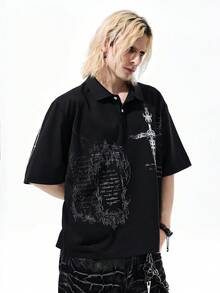 ROMWE MEN Men's Cross Slogan Print Casual Versatile Daily Wear Short Sleeve Polo Shirt - Black - View 6