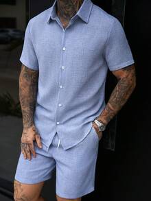 Manfinity Homme Men's Plus Size Solid Color Textured Casual Short Sleeve Shirt And Straight Leg Elastic Waist Shorts Set For Summer - Blue - View 6