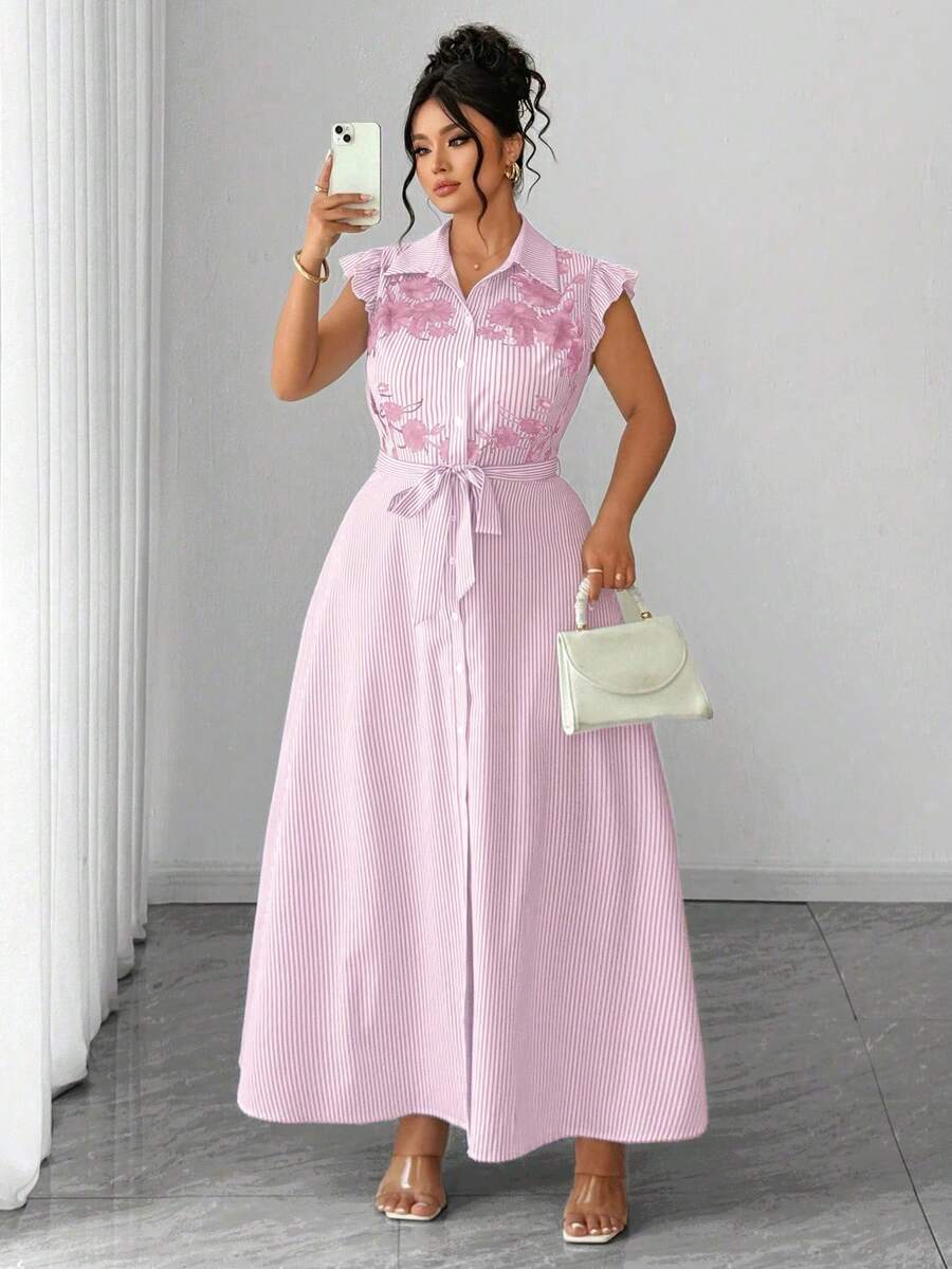 SHEIN Clasi 夏季女款大尺碼優雅休閒歐美通勤風上衣洋裝,荷葉邊飄逸袖、收腰設計、A字裙擺、腰部蝴蝶結,復古華麗風,適合音樂節、通勤、購物 - 粉色 - 查看 1