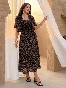 Auveirra 2pcs/Set Women Leopard Print Dress And Leopard Print Blouse Leopard Set Cheetah Print Outfit, For Going Out Vacation - Gold - View 2