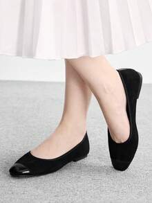 CUCCOO BIZCHIC Zapatos de mujer primavera y otoño con empalme, punta cuadrada y suela plana, zapatos de ante sencillos para ir al trabajo y compras - Negro -1 - Ver 4