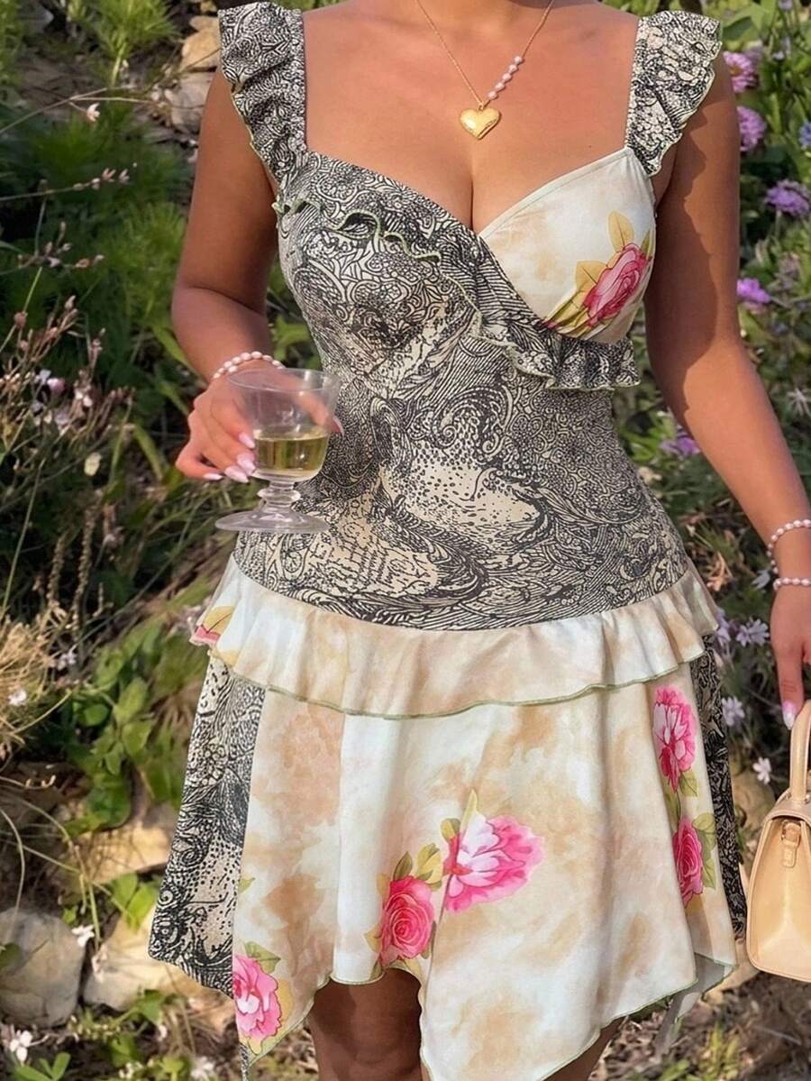 Sunnyshic Vestido de Talla Grande Primavera/Verano con Estampado de Retazos y Bajo con Volantes - Multicolor - Ver 1
