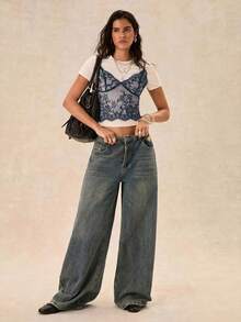 Easelle 女款法式優雅蕾絲透視性感細肩帶背心上衣 - 藏蓝色 - 查看 2