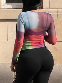 SHEIN SXY 女款紮染印花圓領長袖休閒上衣 - 彩色 - 查看 3