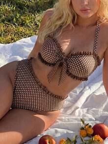 Swim Mod Bộ đồ bơi 2 mảnh size lớn Xuân/Hè 2026, vải in chấm bi, áo bandeau nhún có dây đeo tháo rời, quần đáy nhún, phong cách quyến rũ cho bãi biển/hồ bơi/tiệc - Cà phê nâu - Xem 4