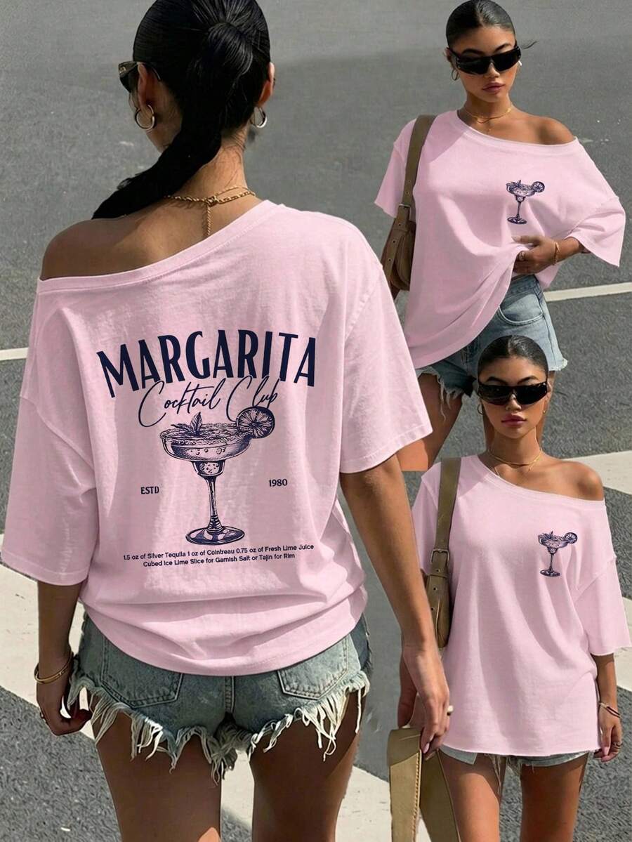 Muchica Camiseta de mujer estilo casual minimalista de vacaciones, rosa, con estampado gráfico de letras retro, hombros descubiertos, hombros caídos, manga corta, ajuste holgado, adecuada para primavera y verano, estilo versátil - Multicolor - Ver 1
