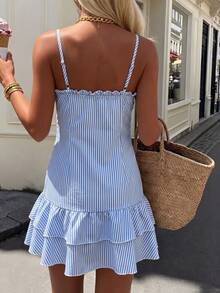 Flora Isola Flora Isola Women's Small Size Blue & White Striped Sleeveless Dress With Ruffle Hem, Bow Tie Design, Double Layer Flounce Hem, Bohemian Vacation Style, Suitable For Spring/Summer Daily Wear - Blue and White - View 3
