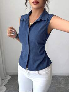 Elenzga 1pc Plus Size Women's Summer Lapel Sleeveless Fitted Asymmetrical Hem Casual Blouse - Navy Blue - View 6