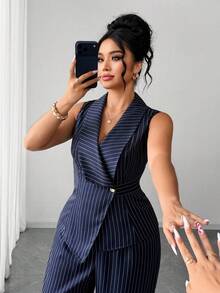 SHEIN Clasi Plus Size Women's Summer Fashion Elegant Commute Striped Sleeveless Top Wide Leg Pants 2pcs Set Formal Office Navy Blue - Navy Blue - View 6