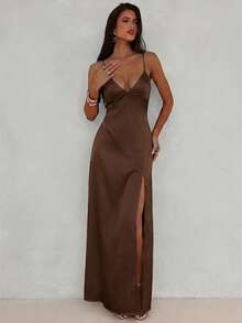 Aloruh Women's Elegant Solid Brown Long Dress Backless Lace Patchwork Spaghetti Strap Dress Night Out Summer - Coffee - View 3