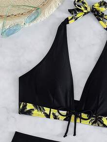 SHEIN Swim Women's Vacation Bow Halter Tie Top And Coconut Tree Print Shorts Two-Piece Swimsuit Set (Random Print) - Yellow - View 4