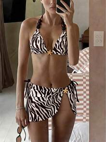 Swim Mod New Women's 3-Piece Swimsuit Set, Summer Beach & Seaside Versatile Vacation Series, Bikini Triangle Bottoms With Mesh Mini Skirt, Popular Beige-Brown Zebra Print, Brown Beaded Trim, Metal Ocean Star Accessories, Adjustable Triangle Top, Tie-Side Triangle Bottoms, Split Mesh Mini Skirt, Suitable For Summer Beach, Pool, And Vacation Wear - Multicolor - View 5