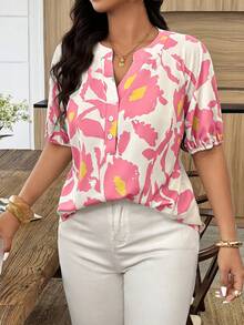 Weeklong Plus Size Women Spring/Summer Notched Collar Elastic Cuff Botanical Print Casual Business Casual Traditional Vacation Shirt Office Evening Pastel Pink - Multicolor - View 1