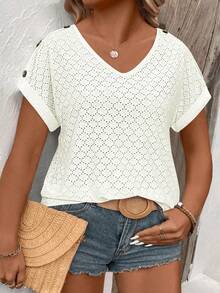 EMERY ROSE Camiseta de mujer primavera/verano nueva casual cuello en V manga corta puño enrollado botón en hombro color de contraste talla grande - Beis - Ver 1