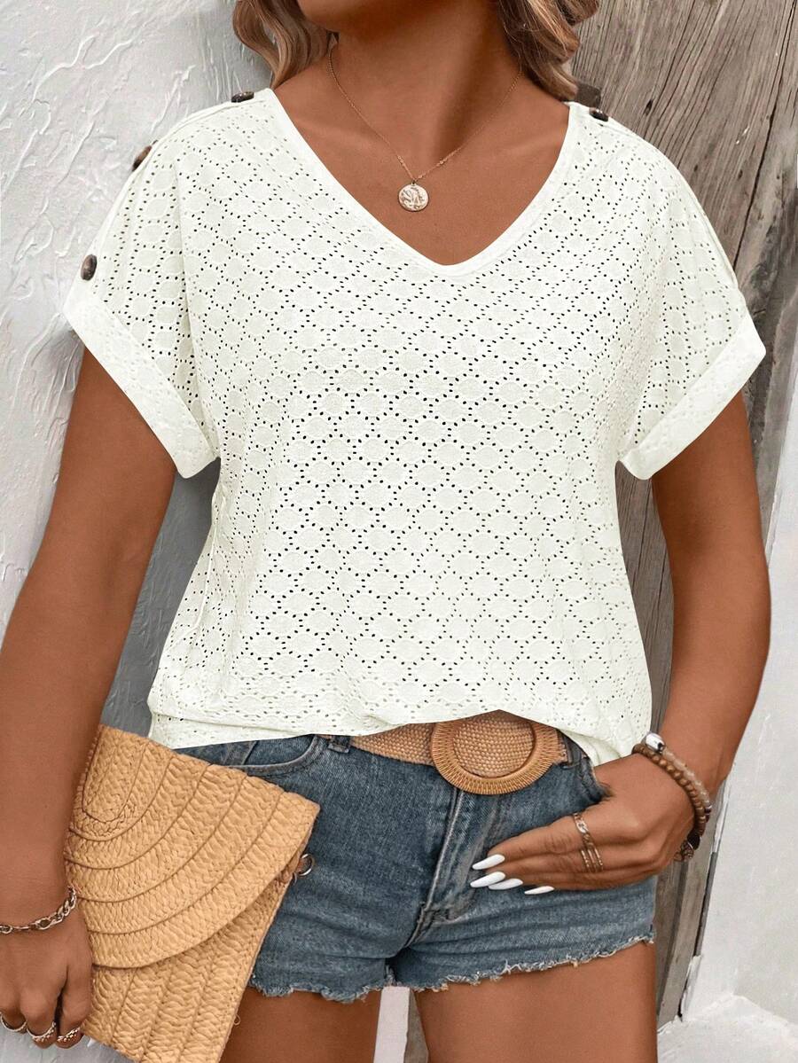 EMERY ROSE Camiseta de mujer primavera/verano nueva casual cuello en V manga corta puño enrollado botón en hombro color de contraste talla grande - Beis - Ver 1
