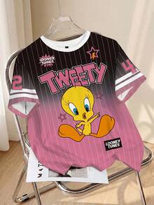 LOONEY TUNES X SHEIN T-shirt casual da donna a maniche corte, con scollo tondo, stampa a righe, lettere e cartoni animati, versatile per uso quotidiano - Bianco - Visualizzare 1