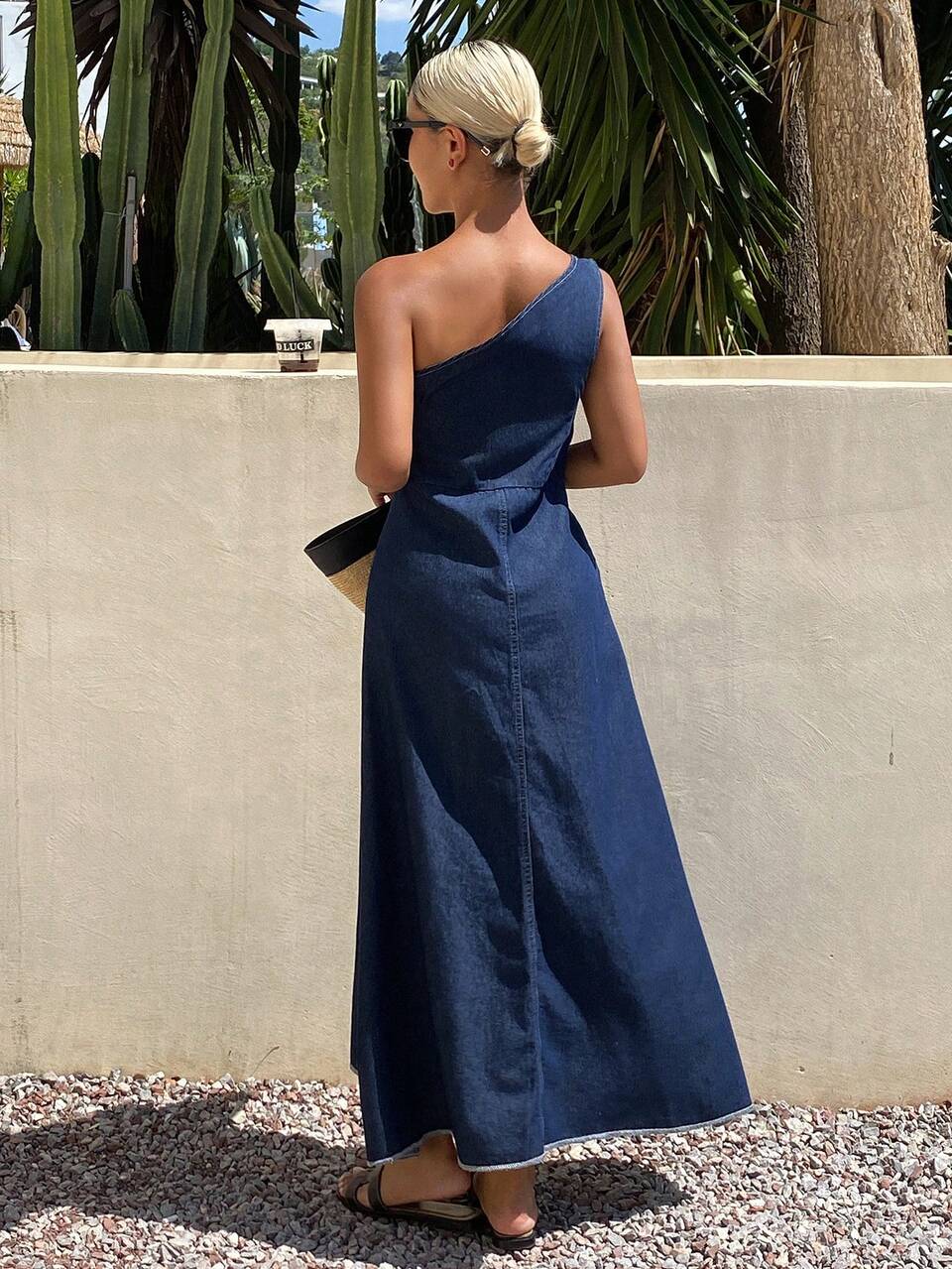 Women's Solid Color Asymmetrical Shoulder Sleeveless Autumn Minimalist Casual Design Long Denim Dress Vacation Navy Blue