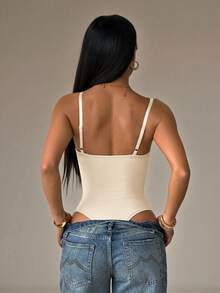 SHEIN PETITE Women's Solid Color Sexy Fashion Camisole Bodysuit ,Petite Women - Apricot - View 3