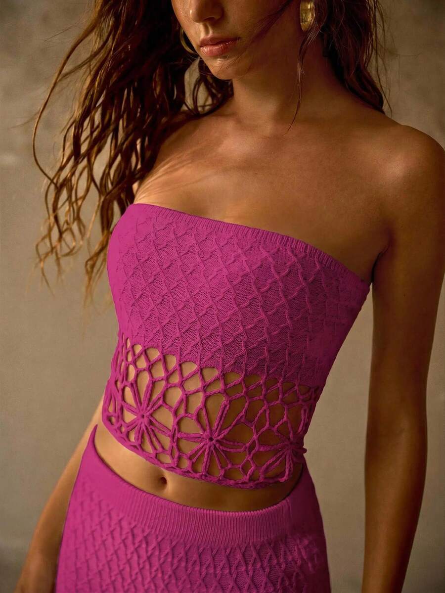 MOTF PREMIUM TROPICAL SEXY HANDMADE CROCHET FLORAL TEXTURED PATCHWORK BANDEAU TOP SKIRT SET WOMEN'S BEACH VACATION SWIMWEAR PINK SUMMER - Hot Pink - View 2