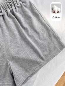 SHEIN 青少年女孩針織素色愛心貼布休閒T恤與短褲兩件套 - 灰色 - 查看 6