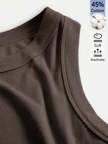 SHEIN BASICS 女款素色圓領螺紋休閒百搭背心上衣 - 灰色 - 查看 11