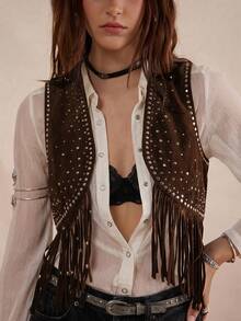 Easelle Bohemian Music Festival Sequin Rivet Fringe Vest Women's Vest - Coffee Brown - View 1