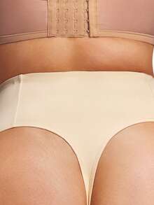 SHAPORA Plus Size Solid Color Open Back Mesh Patchwork Shapewear Bottom - Beige - View 3