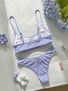 Swim Mod 女款兩件式比基尼泳衣套裝，雙肩帶設計，適合島嶼海灘度假，淺紫色螺紋面料，兩件式泳裝適用於泳池派對，休閒百搭 - 淡紫色 - 查看 5