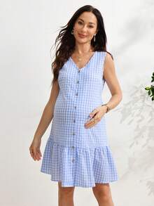 SHEIN Women's Plaid Single-Breasted Comfortable Maternity Dress With Simple Elegant Neckline And Sleeveless Design - Blue and White - View 3