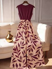 Franclia New Fashion Print V-Neck Colorblock Jumpsuit - Burgundy - View 2