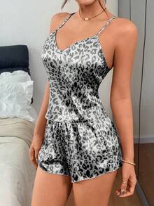 SHEIN Faux Silk Leopard Print Camisole Tank Top And Shorts Pajama Set - Grey - View 1