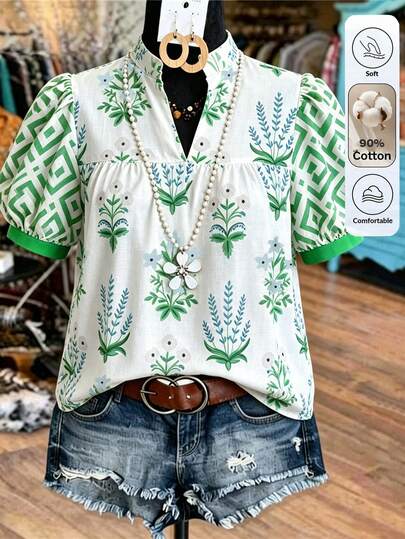 Louniche Women's Summer Short Sleeve Casual Vacation Green Placement Print Shirt