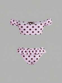 SHEIN MOD 女款夏季海灘波點繫帶上衣與三角泳褲兩件式泳衣套裝 - 粉色 - 查看 4