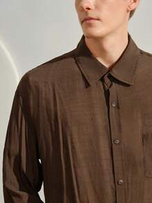 VeloEdit Men's Solid Color Long Sleeve Single Breasted Pocket Loose Casual Baggy Shirt, Woven, Wrist-Length Collar Coffee Brown, Autumn, Fall Front - Coffee Brown - View 6