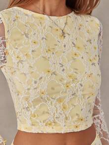 WESTFADE Women Yellow White Floral Lace Top, Fall, Autumn, Cowgirl, Rodeo, Country Concert, Back To School, Western, Festival, Cute Tops, Vacation - Light Yellow - View 3