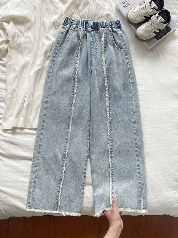 Tween Girl Cool Personalized Frayed Patchwork Light Blue Denim Soft Drapey Loose Wide Leg Long Pants Suitable For All Seasons Outings Daily School Versatile Jeans